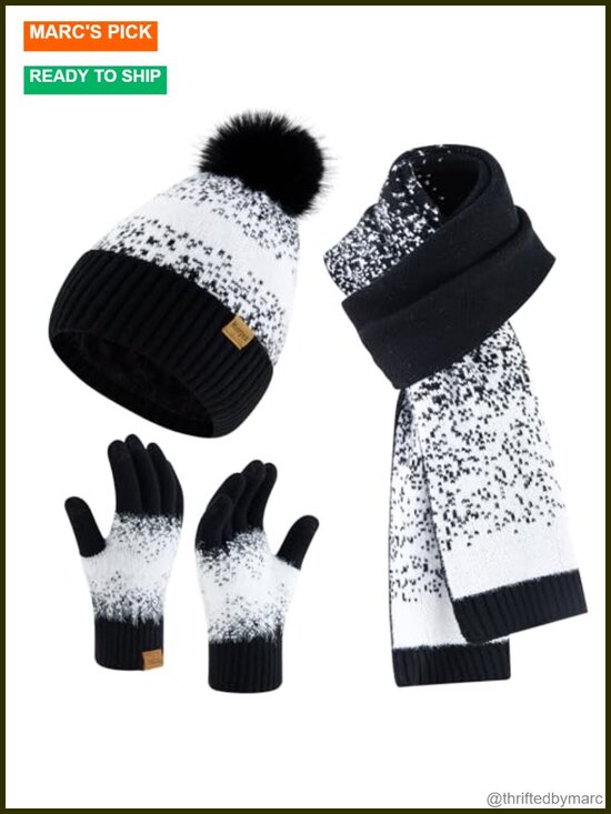 Women\'s Winter Beanie Hat Gloves Scarf Set Fleece Lined Touchscreen Knit 3 Piece